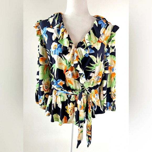 LAUREN RALPH LAUREN | Tropical Floral Ruffle Waist Tie Top Blouse Medium - Picture 1 of 9